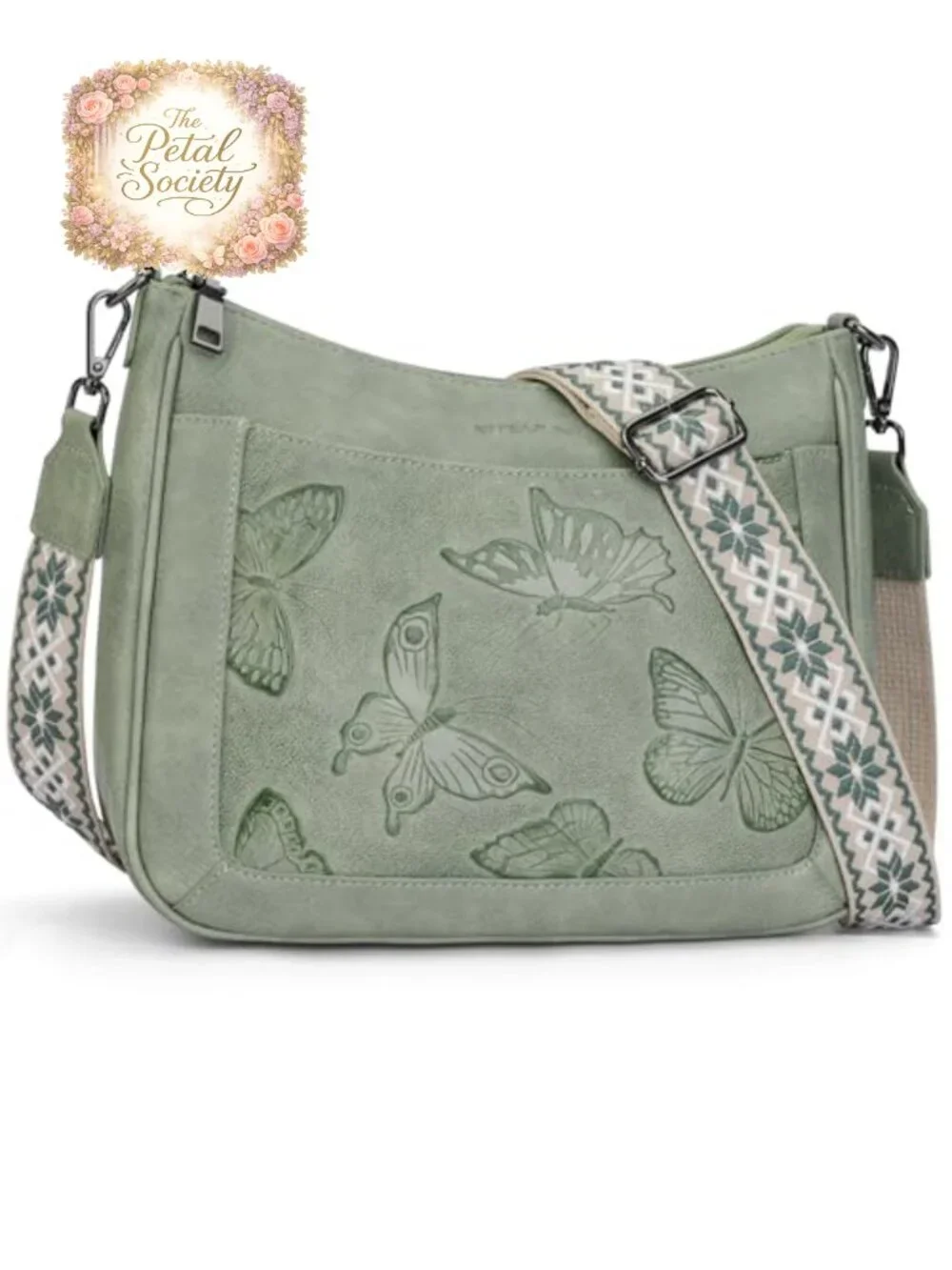 Vegan Leather Crossbody Hobo Purse with Butterfly Print, Adjustable Strap